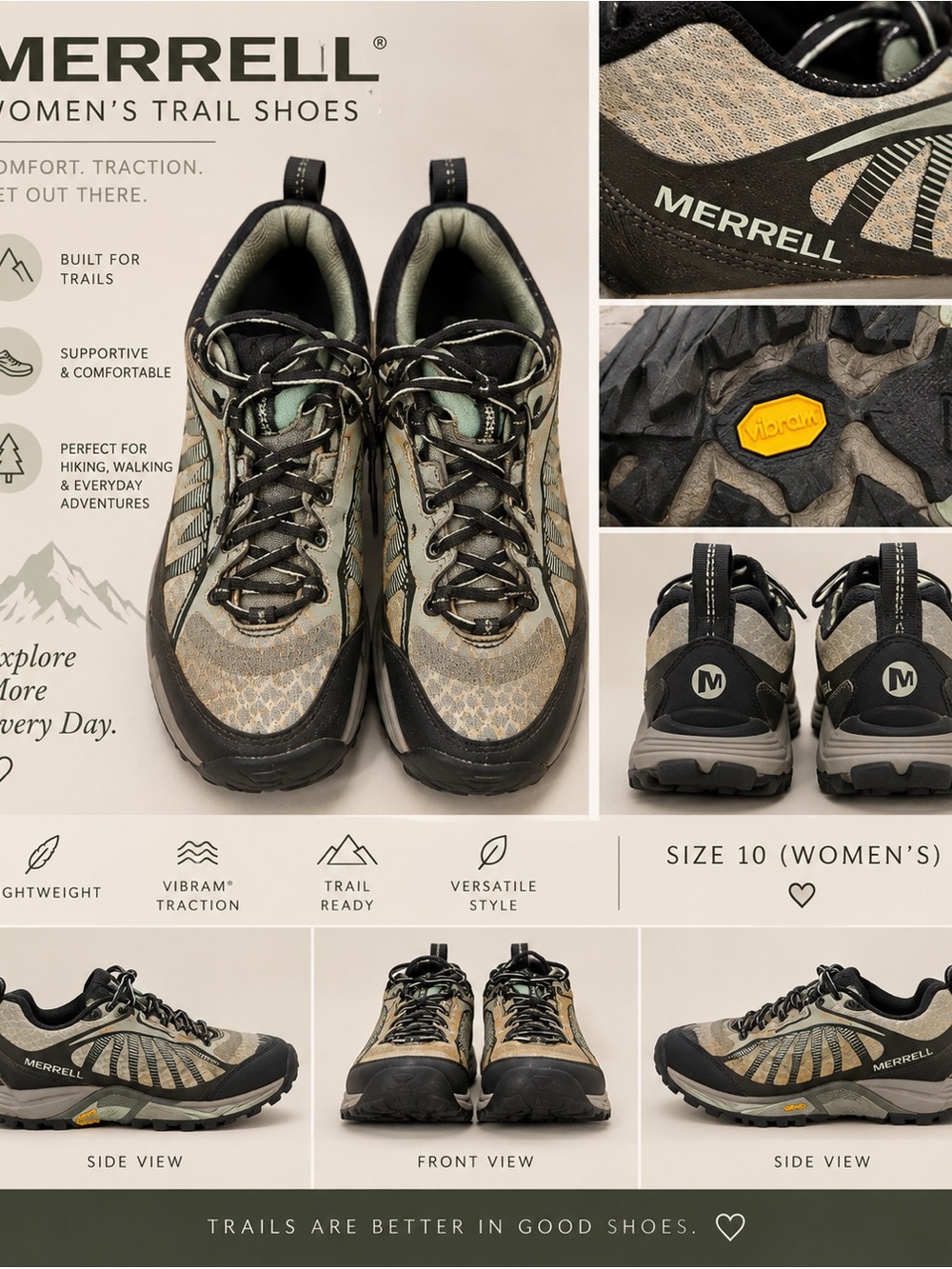 Merrell Womens Athletic Trail Shoe - Black and Gray
